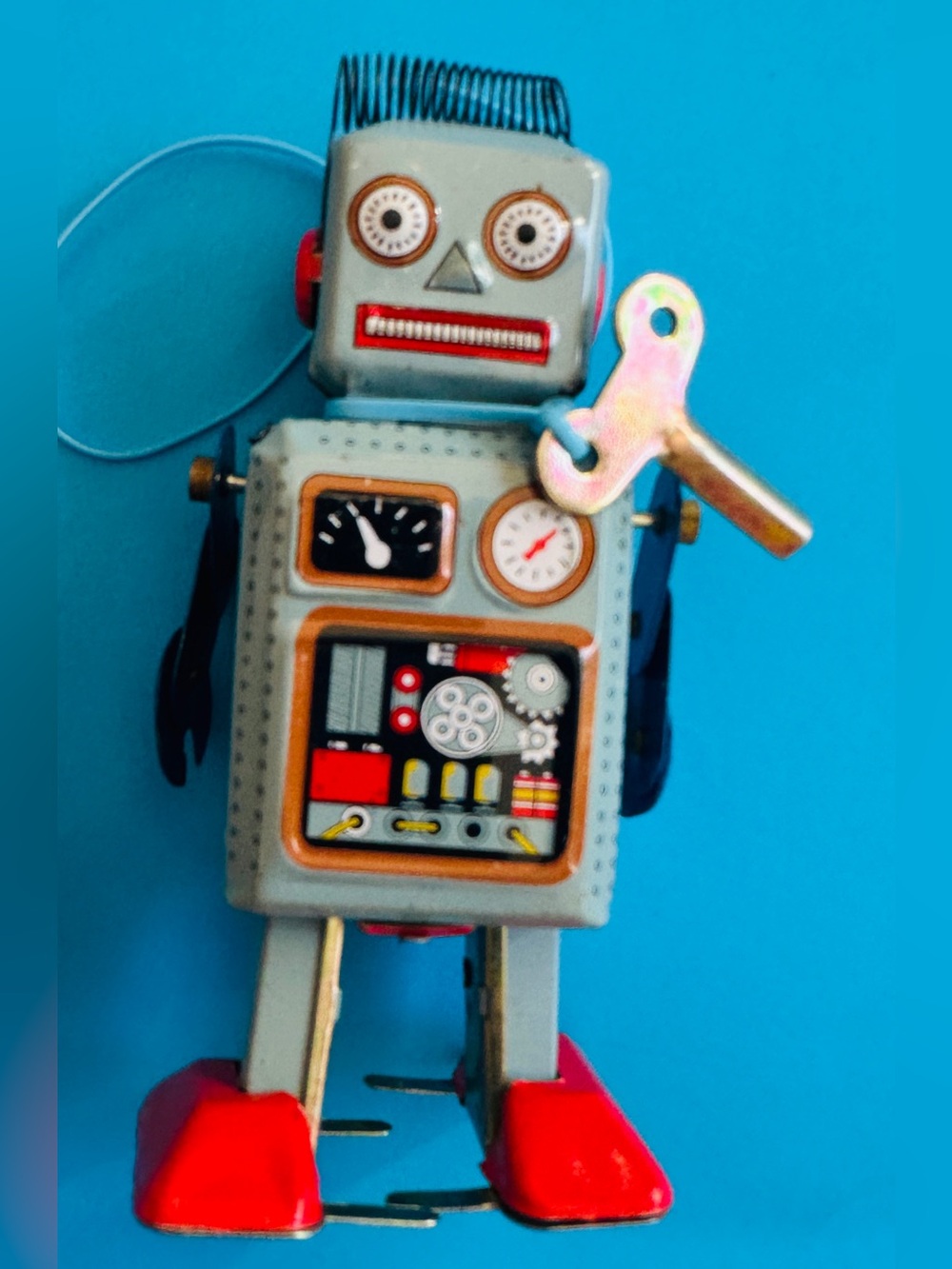 Vintage Wind-Up Tin Robot Toy in Gray & Red, Blue Litho Mini Radicon 4.5”